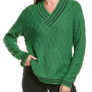 CAbi V-Neck Green Cable Knit Sweater